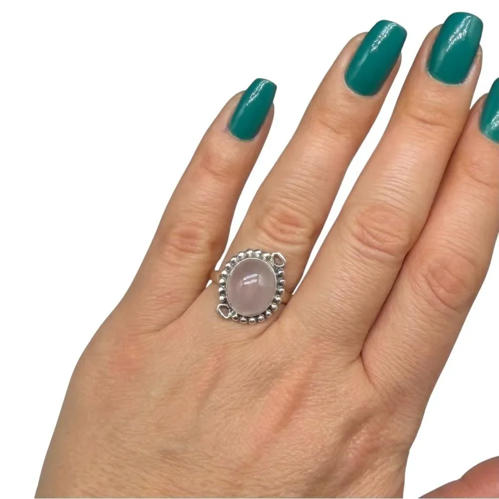 Rose Quartz Ring Size 8 Solid 925 Sterling Silver Pink Oval Stone Crystal